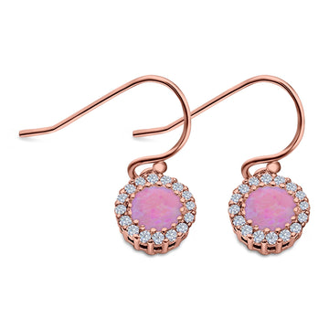Halo Dangle Fish-Hook Earrings Round Rose Tone, Lab Created Pink Opal 925 Sterling Silver (21mm)